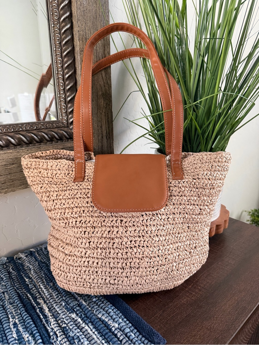 J.Crew Factory Raffia Tote Bag NWT Natural Straw Cognac Trim Beach Summer Tote